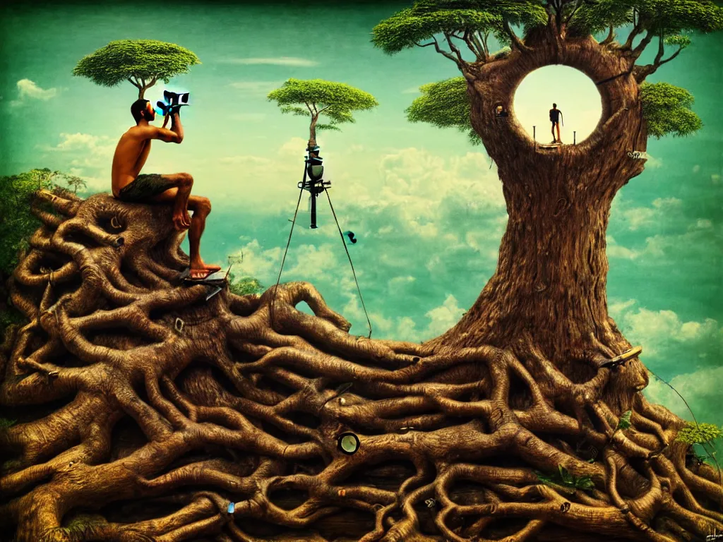 Prompt: highly detailed photo of a man from brazil sitting on a tree trunk looking to the left with binoculars, trending on deviantart, neo surrealism, sharp focus, a lot of little details, octane, masterpiece, art by max ernst