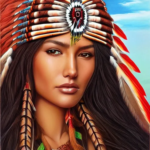 Prompt: beautiful native american woman wearing headdress, ultra detail, art by artgerm + amanda jurgens + randy bishop