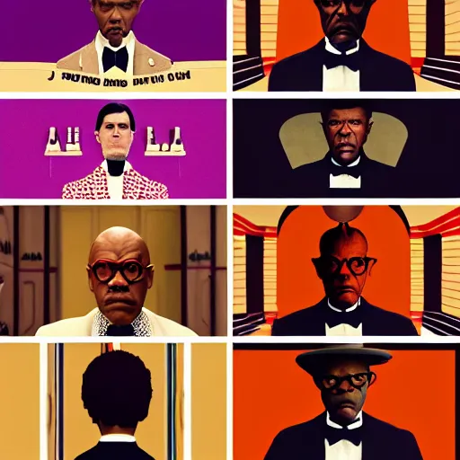 Image similar to film by wes anderson, the grand budapest hotel style, pulp fiction movie, highly detailed, photorealistic, full - body, samuel l jackson posing in cafe, perfect symmetrical eyes, 8 k resolution, digital art, hyper realistic