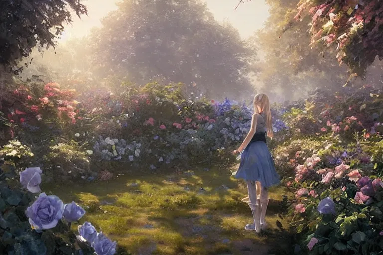 Image similar to a beautiful painting of blue roses garden, girl, by greg rutkowski, trending on artstation