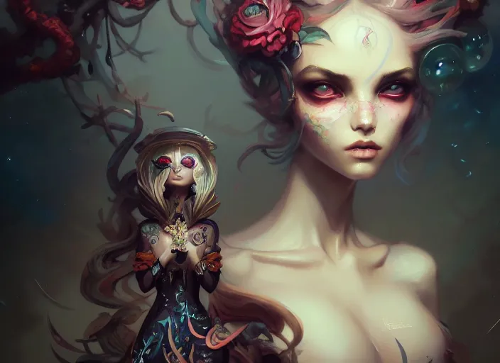 Image similar to close up picture of an maximalist dress girl, extremely beautiful and aesthetic and detailed cute face and eyes, with cute familiar sprites, chiaroscuro, intricate, masterpiece, fantasy illustrations by peter mohrbacher and anato finnstark and jeremy lipking