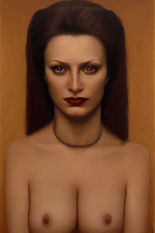 Prompt: a painting of a woman's face and neck, an oil painting by Vladimir Tretchikoff, cgsociety, neo-figurative, oil on canvas, dystopian art, darksynth