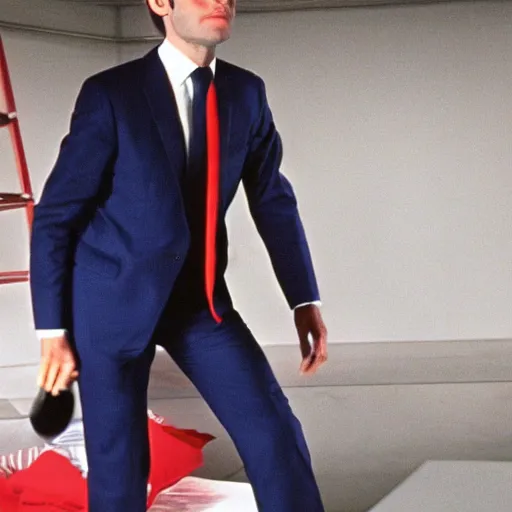 Image similar to Emmanuel Macron, colorful suits in American Psycho (1999)