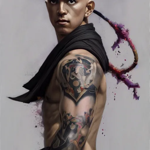 Image similar to A detailed matte oil on canvas painting of a young white male martial artist monk, orchid arm tattoos by greg rutkowski and artgerm, trending on artstationhd, dungeons and dragons art