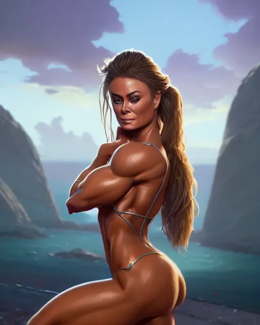 Image similar to highly detailed vfx portrait of, carmen electra muscular by stephen bliss, chalk, unrealengine, greg rutkowski, loish, rhads, beeple, chalk, makoto shinkai and lois van baarle, ilya kuvshinov, rossdraws, tom bagshaw, basil gogos