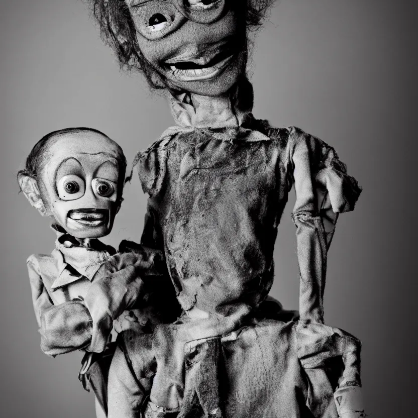 Image similar to creepy ventriloquist dummy in the style of roger ballen, 4 k, bw, portrait