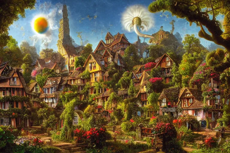 Image similar to quaint village surrounded by gardens by ernst haeckel, david a. hardy, oyama kojima, phil koch, annie leibovitz, benoit mandelbrot, dan mumford, bruce pennington, mimmo rotella