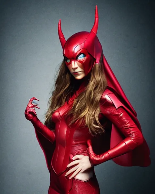 Prompt: Marvel Comic’s impossible man alien imp poses with Elizabeth Olsen dressed as the scarlet witch, photographed in the style of Annie Leibovitz, Studio Lighting