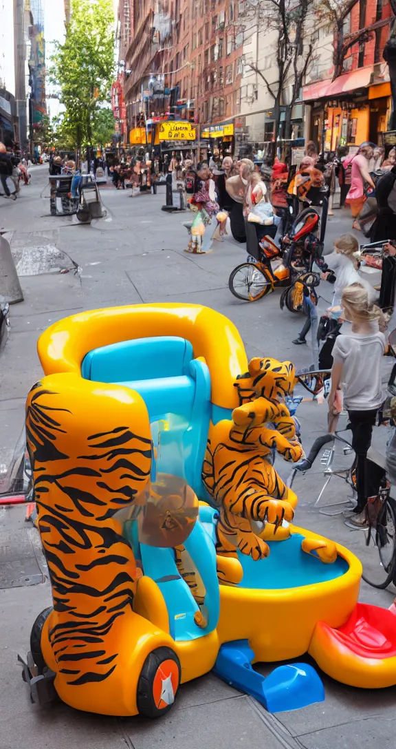 Image similar to a plastic ride kiddie ride that looks like a tiger on the sidewalk in NYC