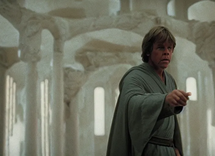 Image similar to single portrait of Luke skywalker uncovering the glowing ancient jedi texts. a hazy ethereal ancient Jedi cathedral, screenshot from the 1983 film Holy Mountain, directed by Jordowsky, Photographed with Leica Summilux-M 24 mm lens, ISO 100, f/8, Portra 400, kodak film, anamorphic lenses