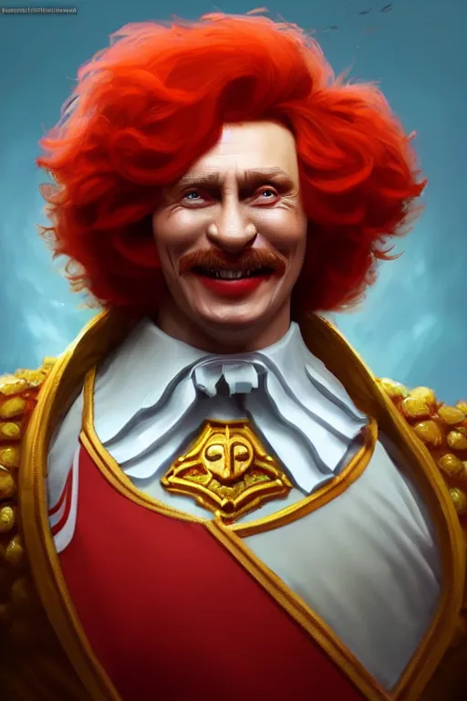 Image similar to / vladimir putin as ronald mcdonald, closeup, d & d, fantasy, intricate, elegant, highly detailed, digital painting, artstation, concept art, matte, sharp focus, illustration, hearthstone, art by artgerm and greg rutkowski and alphonse mucha