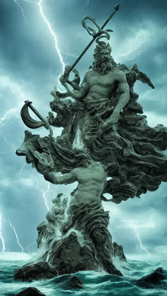 Prompt: gigantic marble statue of the god of the sea wielding a trident on an island. roiling waves at the base. scene lit by lightning. thunderclouds in the background. fantasy setting. magicians praying to the statue. purples and greens. fantasy aesthetic. extremely detailed. 4 k
