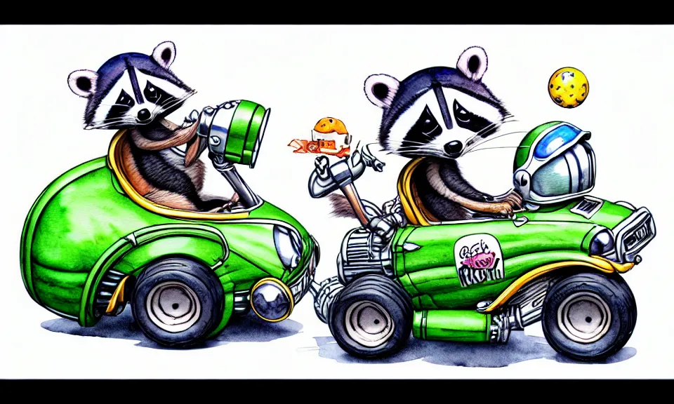 Prompt: cute and funny, racoon wearing a helmet riding in a hot rod with oversized engine, ratfink style by ed roth, centered award winning watercolor pen illustration, isometric illustration by chihiro iwasaki, edited by range murata, tiny details by artgerm and watercolor girl, symmetrically isometrically centered