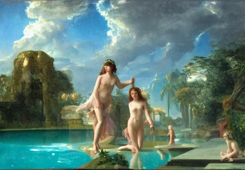 Image similar to Girl at the palace, refracted sparkles, thunderstorm, greek pool, beach and Tropical vegetation on the background major arcana sky, by paul delaroche, hyperrealistic 4k uhd, award-winning, very very very detailed