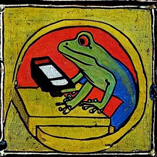 Image similar to medieval painting of a frog behind a computer