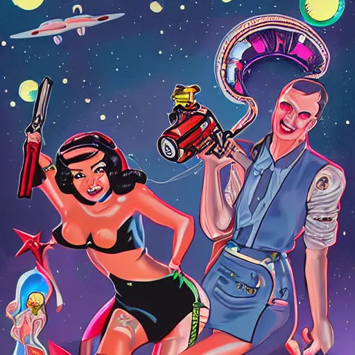 Image similar to old school, traditional style flashes of pinup girl in space holding a lazer pistol by sailor jerry, marina goncharova, vic james, electric martina, heath clifford, filip henningsson, kimi vera