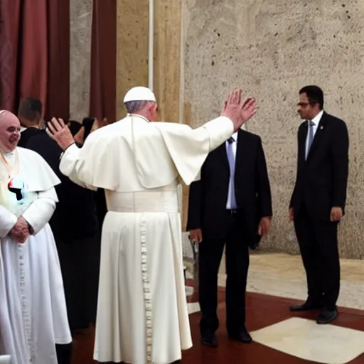 Image similar to pope Francis giving a high five to an invisible person