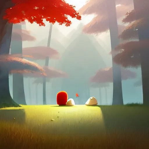 Image similar to goro fujita ilustration a beautiful forest with tall and short trees, with lots of vegetation, reflected in a lake, the rays of light go through the forest, characters drawn with simple shapes appearing through the illustration, painting by goro fujita, sharp focus, highly detailed, artstation