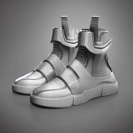 Image similar to futuristic balenciaga and vetements sneakers on gradient background, ultra rendered extreme realism and detail 8 k, highly detailed, realistic, refined, bautiful, fine art photography, hyper realistic, in the style of greg rutkowski, by artgerm, by gustave dore, by marco turini, photorealistic, elegant, sharp focus, artstation,