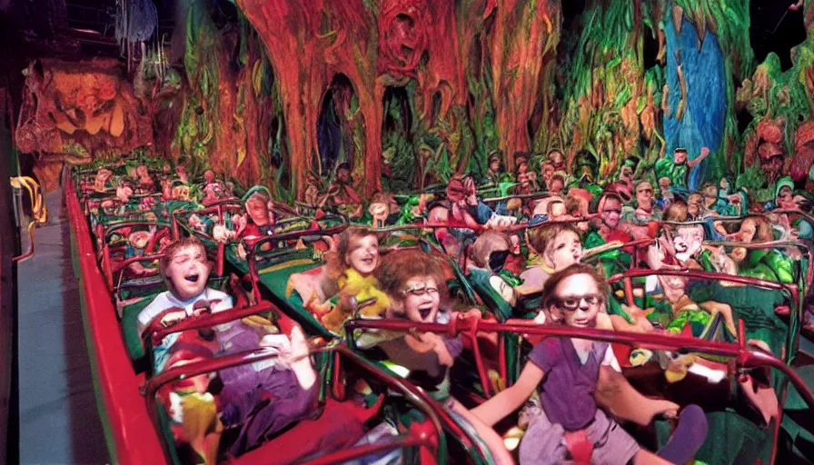Prompt: 1990s photo of inside the Goosebumps Ride at Universal Studios in Orlando, Florida, children riding through a world made of many Goosebump book characters,, slime, cinematic, UHD
