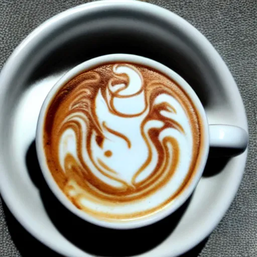Image similar to photo, latte art of cheeky asian dragon breathing fire, award winning, white background, deviantart, beautiful, intricate, highly detailed