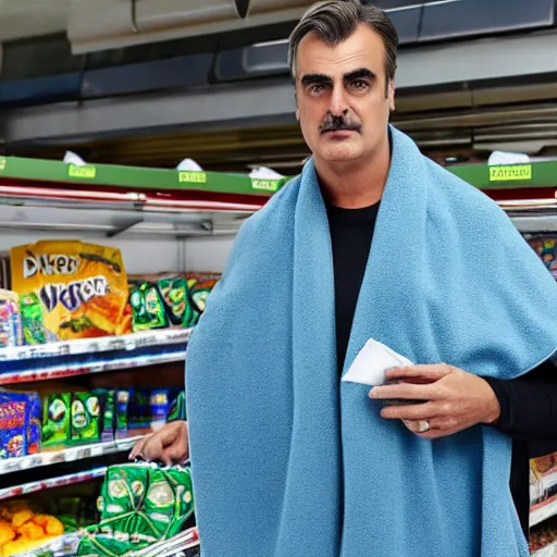 Prompt: chris noth covered in a fabric blanket in a supermarket freezer