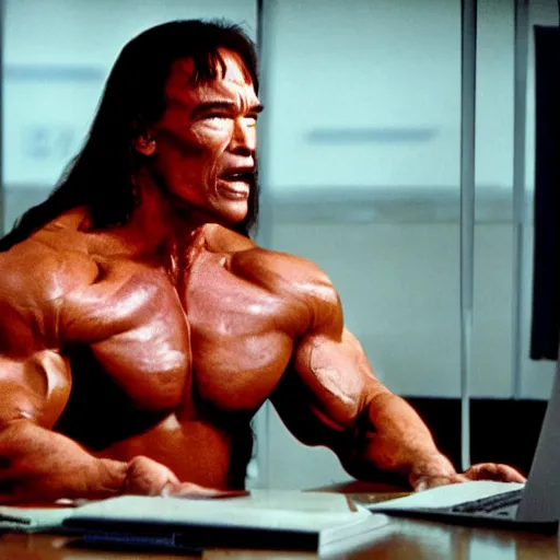 Prompt: arnold schwarzenegger as conan the barbarian sitting at a desk, as an office worker, in an office, inside an office building, sitting at a desk, angrily shouting and pointing at a laptop, laptop computer, crisp lighting, corporate photography