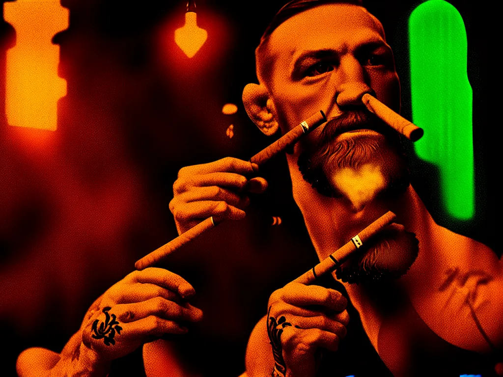 Prompt: a intricately detailed portrait of conor mcgregor smoking a cigar in an irish pub with a neon bar, trending on art station, in the style of the movie heat, volumetric lighting & shadows, hyper detailed, digital art, unreal engine, 4 0 0 mm f 1. 8,