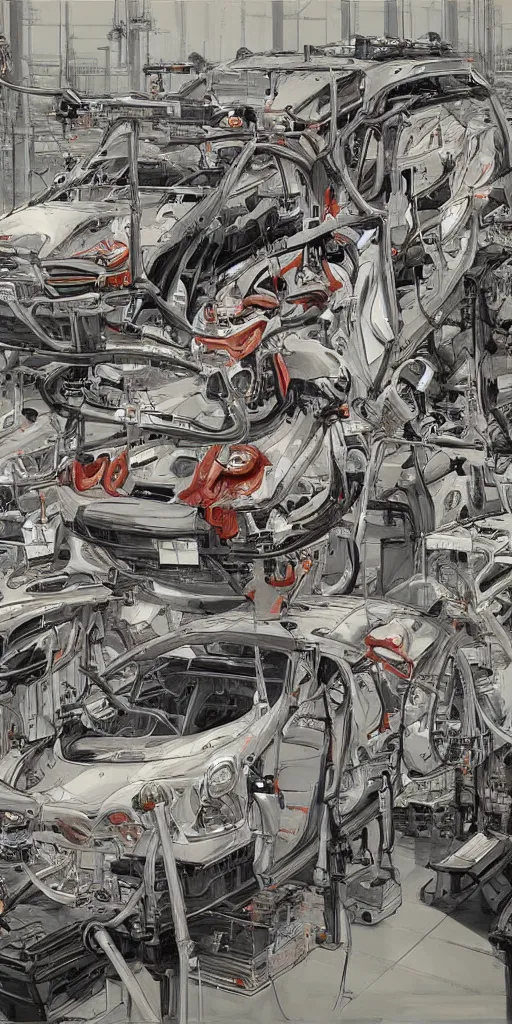 Image similar to oil painting scene from tesla factory by kim jung gi