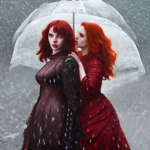 Image similar to a highly detailed portrait of scarlett johansson and emma watson and christina hendricks as polyamorous red haired vampire queens kissing in the rain and wearing a blood red dress, epic fantasy, viewed in profile from far away, ultrawide lens, art by artgerm and greg rutkowski and alphonse mucha, volumetric lighting, 4 k resolution, trending on artstation, masterpiece