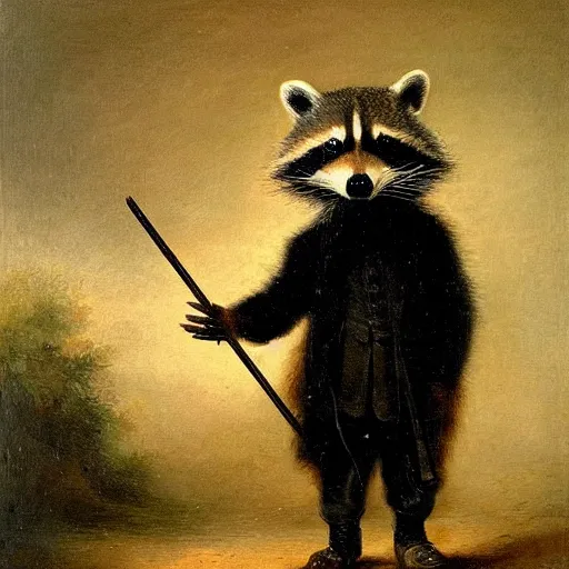 Prompt: A raccoon wearing formal clothes, (wearing a tophap) and holding a cane. The raccoon is holding a garbage bag. Oil painting in the style of Rembrandt