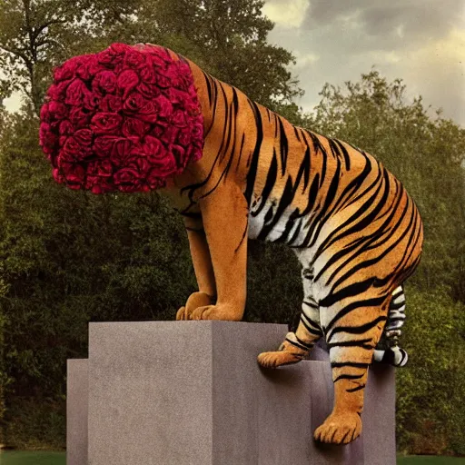 Image similar to a statue of a tiger [ made of [ roses ]!! ], [ 4 k photorealism ]!!, shot by jimmy nelson, irving penn, peter kemp, hans bellmer, and slim aarons