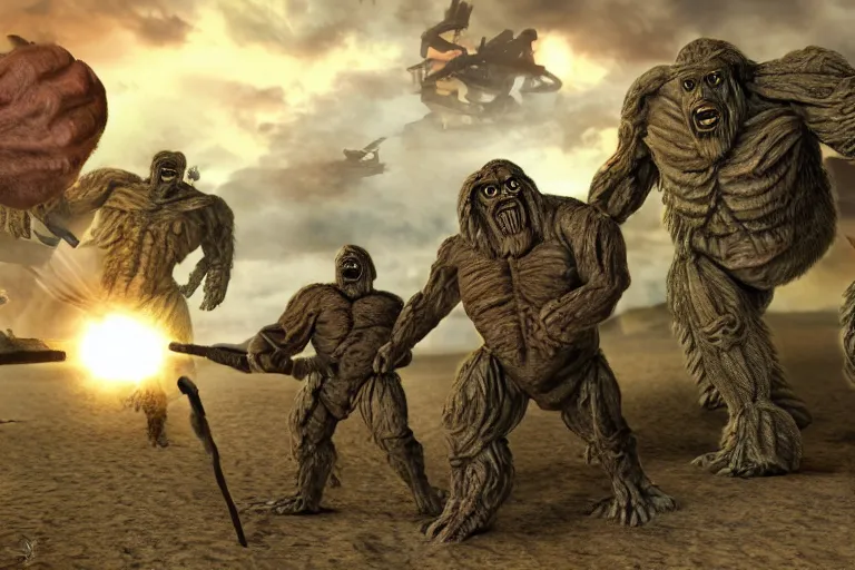 Image similar to photo, friends, man two old hairy fat ugly men! fighting alien monsters 4 0 1 2 9 on a beach, highly detailed, scary, intricate details, volumetric lighting, front view