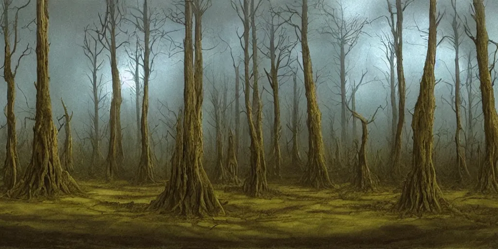 Prompt: artwork by john howe of the cinematic view of a desolate, radioactive forest