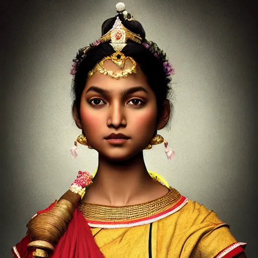 Prompt: beautiful young assamese princess wearing bihu mekhela costume ; portrait by artgerm and tom bagshaw ; trending on artstation ; award winning, cinematic natural dramatic lighting, studio photography by annie leibovitz