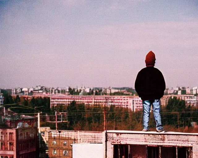 Image similar to lomo photo of man standing on the roof of soviet hrushevka in small town zelenograd, cinestill, bokeh, out of focus