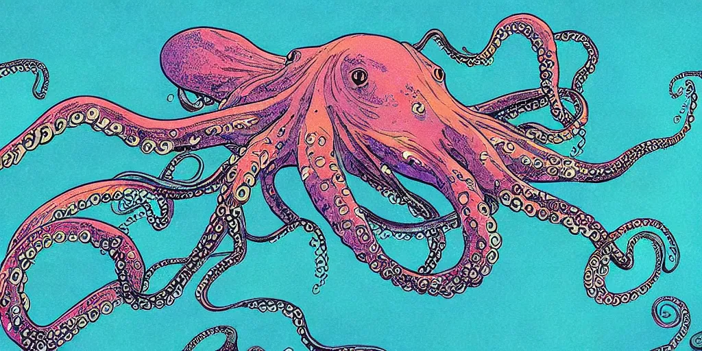 Image similar to ” beautiful octopus drifting in the deep sea painted by moebius. ”