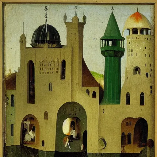 Prompt: green mosque by hieronymus bosch