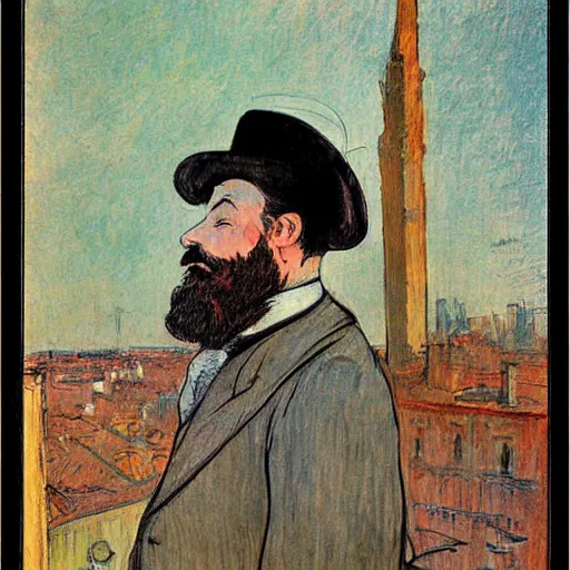 Image similar to A beautiful digital art of a man with a beard and a top hat, looking over a cityscape. by Henri de Toulouse-Lautrec