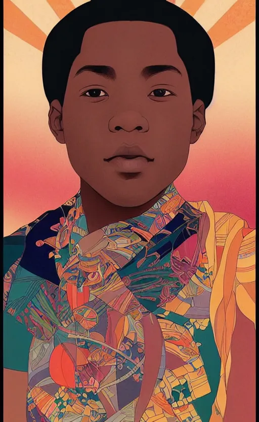 Image similar to colourful upper half portrait of an african boy - in japanese retro poster design illustration style, art by hsiao - ron cheng & alphonse mucha, highly detailed, digital painting, illustration, smooth, sharp focus, intricate, clustered, busy, pinterest, behance,