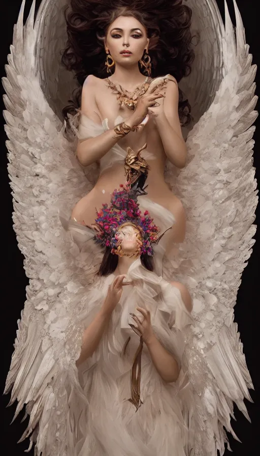 Prompt: expressive full body photo of sophia lauren as beautiful angel, smooth glowing skin, ornate headpiece made from flowers, ornaments, glamour shot, by karol bak, by greg rutkowski, by artgerm, octane render, unreal engine, photorealistic, canon r 3, fashion photography