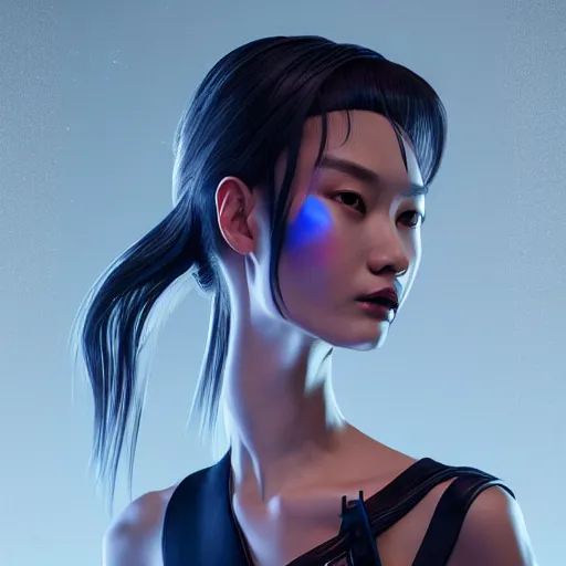 Image similar to portrait of an alien princess, style of Feng Zhu, Artstation geometric, aesthetic, smooth skin, unique features, symmetrical, intricate crown, high fashion, streetwear, cyberpunk, detailed, octane render, cinematic, 8k, opalescent skin,