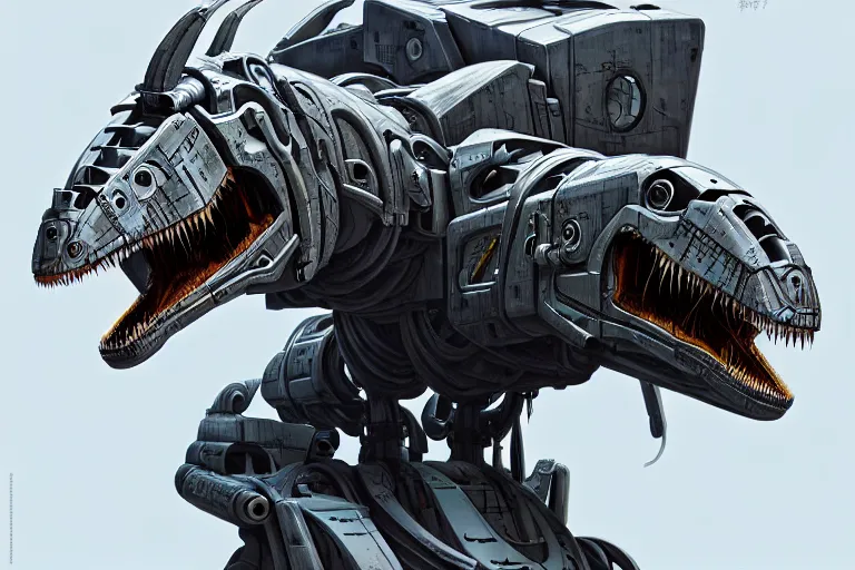 Image similar to trex in a cyborg mech suit, by alexandre ferra, zezhou chen, peter gric, mohamed reda and hr giger, hyper detailed, screen print, character concept art, hyperrealism, coherent, cgsociety, zbrush central, behance hd, hypermaximalist