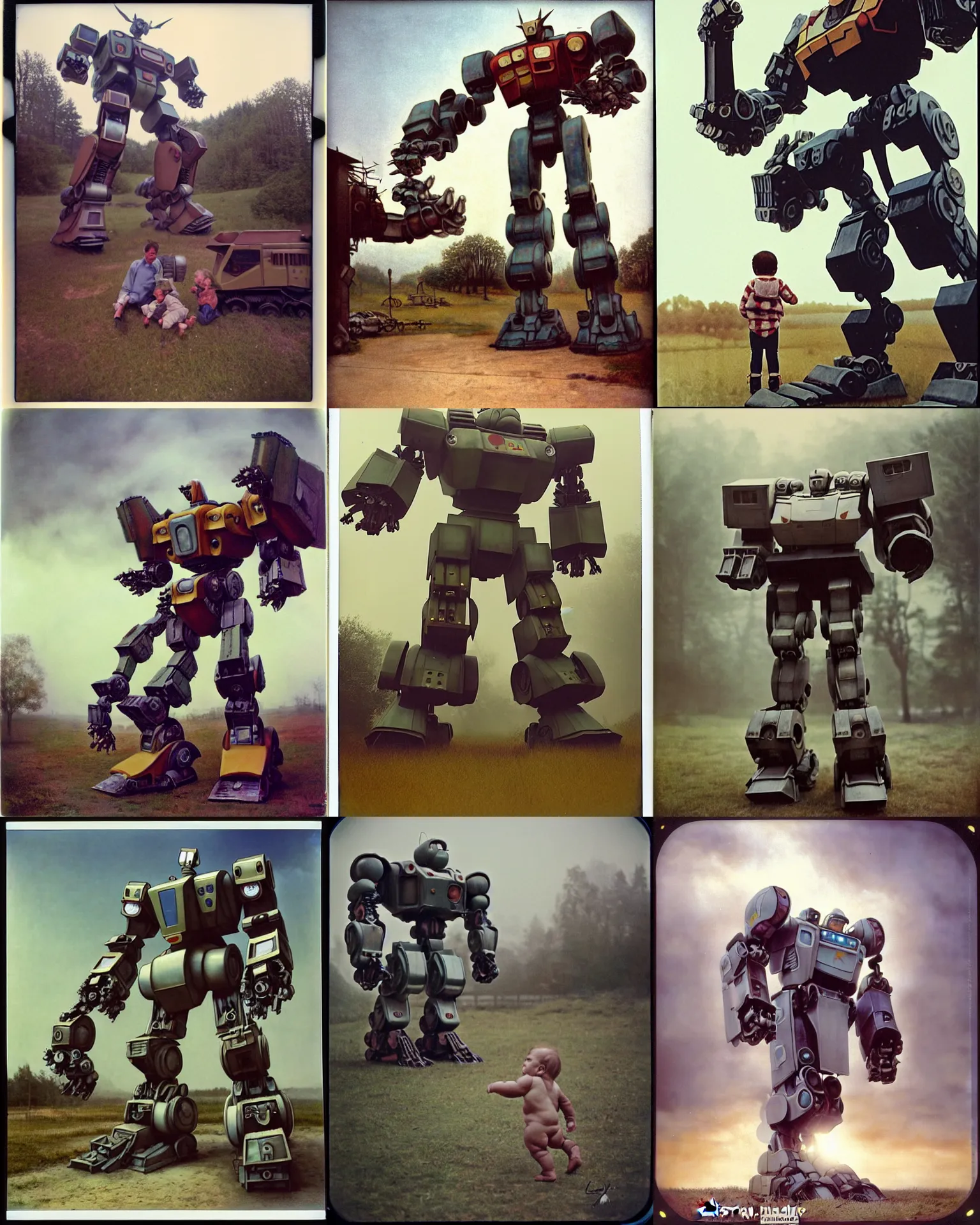 Prompt: giant oversized battle robot mech with muscular massive arms as giant baby on a village, Cinematic focus, Polaroid photo, vintage, neutral colors, soft lights, foggy, detailed ! focus ! ,by Steve Hanks, by Serov Valentin, by lisa yuskavage, by Andrei Tarkovsky