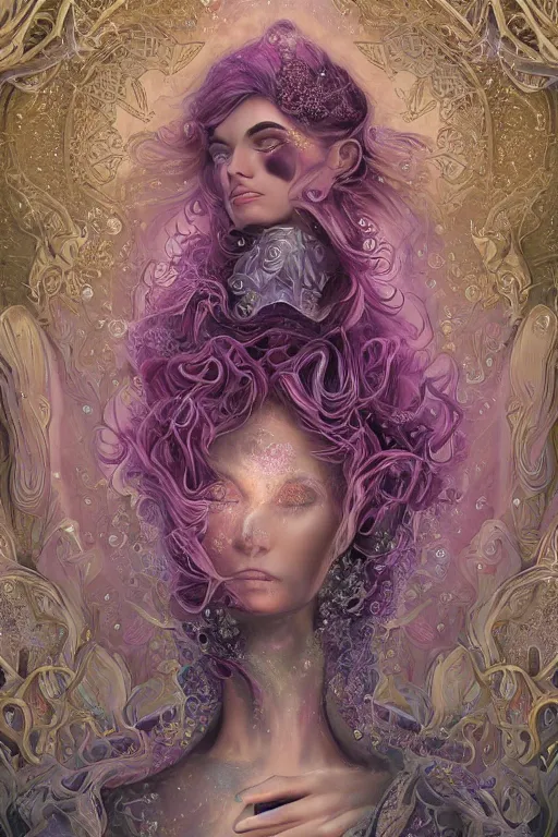 Image similar to elaborately hyperdetailed illustration of an extremely beautiful regal witch, eerie mist and ethereal pink bubbles, Aetherpunk, atmospheric lighting, high fantasy professionally painted digital art painting, smooth, sharp focus, highly detailed illustration highlights, backlight, golden ratio, 8K detail post-processing, symmetrical facial features, rich deep moody colors, award winning picture, Daily Deviation on DeviantArt, trending on cgsociety, featured on ArtstationHQ, very coherent symmetrical artwork, concept art