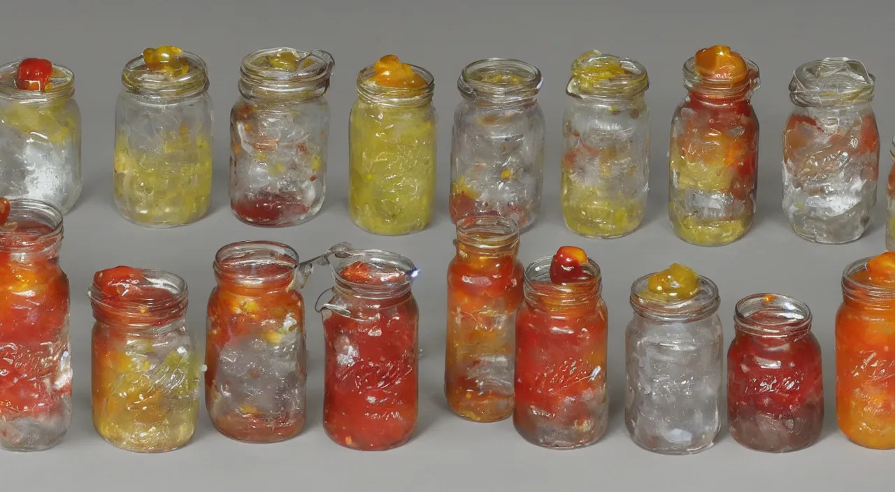 Prompt: a set of jam jars containing tiny nuclear explosions