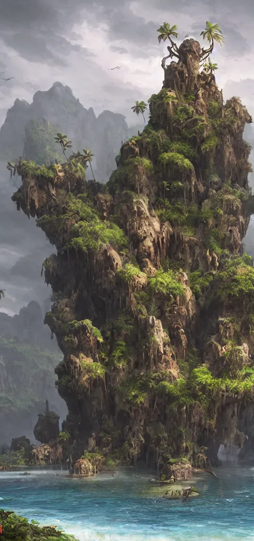 Image similar to skull Island, wooden fortress wall on a tropical island with ruff shore cliffs,landscape, raphael lacoste, eddie mendoza, alex ross, john howe, concept art, matte painting, highly detailed, rule of thirds, dynamic lighting, cinematic, detailed, denoised, centerd, clean render