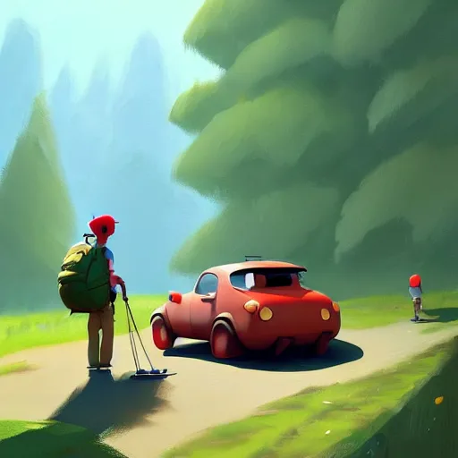 Image similar to goro fujita ilustration hikers parking the car in the forest, painting by goro fujita, sharp focus, highly detailed, artstation