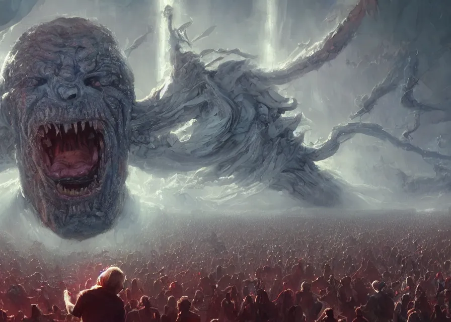 Image similar to large abstract painting of giant Joe Biden cosmic horror grinning at giant immense crowd of person army, trending on ArtStation, masterpiece, by Greg Rutkowski, by Ross Tran, by Fenghua Zhong, octane, lightbeam eyes, soft render, clear facial features, oil on canvas,, moody lighting, cinematic, professional environment concept art