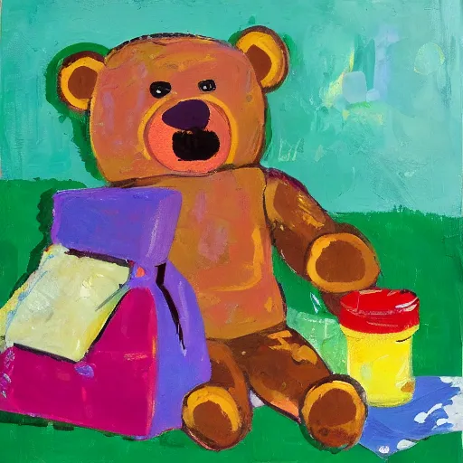 Image similar to teddy bear picnic with big macs, impressionist and abstract paint, modern art